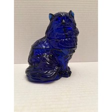 Vintage Cobalt Blue Glass Persian Cat Trinket Dish Candy Jar Figurine 7in picture