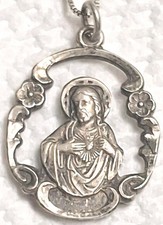 Antique 1930's Sterling Silver Sacred Heart Of Jesus Catholic Religious Medal picture