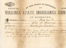 1876 Virginia State Insurance Policy Richmond SC Sullivan's Island Summer Home picture