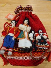 Vintage 1970s Bulgarian Folk Art Dolls Set-4 w/Original Woven Drawstring Bag&Tag picture