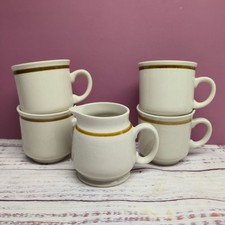 Vintage Stoneware Mug Set With Creamer Japan 1950s Yellow Brown Band Rustic Farm picture