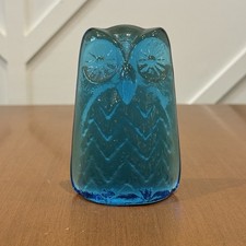 Blenko Glass Owl Bookend Blue Cerulean Art Decor 4.5” Tall HEAVY Vintage MCM picture