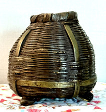 Antique Japanese Bronze Ikebana Basket Vase Faux Bamboo Woven Metal Pot Tripod 5 picture