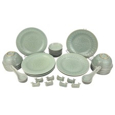 38 PIECE LONGQUAN CELADON GREEN KOI FISH DINNERWARE SET picture