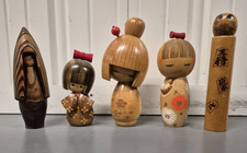 Vintage Japanese Kokeshi Doll Lot of 5 Signed Creative Sosaku Daruma Shogi Folk picture