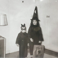 Witch Black Cat Costume Photo 1960s Halloween Children Trick Or Treat Bag A1913 picture