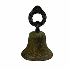 Antique Ornate Cast Brass Hand Bell Victorian Floral Daisy Relief Patina 5.7ā picture