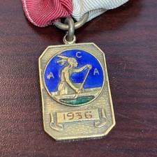 1936 ACA American Canoe Association Emptying Race Medal Ribbon Pin Enameled Vtg picture