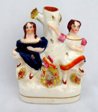 Antique Victorian Staffordshire Spill Vase ~ Two Girls By a Tree with a Bird picture