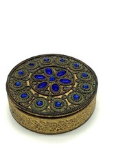 French Art Deco Gilt Brass Compact Box with Blue Jewel Cabochons and Mirror  picture