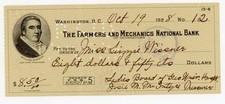 1928 Washington DC Check Farmers & Mechanics Bank Lizzie Wissner Georgetown DC picture