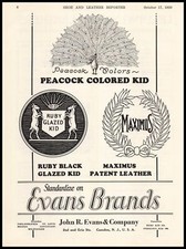 1929 John Evans Camden NJ Peacock Ruby Glazed Kid Maximus Leather Logos Print Ad picture