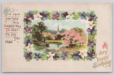 Antique Embossed Birthday Postcard River Village Violets c1905 Series 104 picture