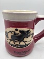 Vintage PEI Canada Canadian Pottery Souvenir Mug Cup Burgundy w/ Moose picture