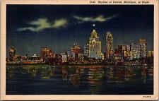 Detroit Night Waterfront Skyline Moon Colors Reflected River 1938 Linen Postcard picture