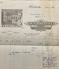 1914 MJ Whittall Brussels Wilton Plush Carpets Invoice Worcester Mass picture