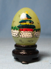Vintage Oriental Pagoda Decorated Genuine JADE Miniature EGG with Wood Stand picture