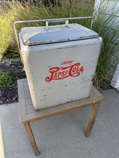 Vintage 1950s Drink Pepsi-Cola Double Dot Metal Picnic Cooler Ice Chest Gray picture