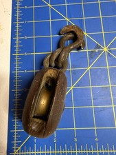Antique Wooden Shell Block Hand-Forged Iron Hook Brass Sheave Nautical picture