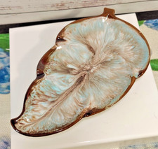 Vtg MCM Blue Drip Glazed Ceramic Leaf Trinket Dish Ashtray Gift Idea Creations picture