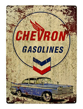Chevron Gasolines 1959 Plymouth Belvedere 12 x 17 Metal Tin Sign Vintage Retro picture