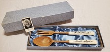 Vintage Wilbur Walluck Cutlery Wood Serving Spoon and Fork With Carved Handles picture