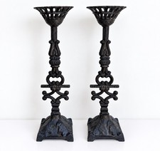Lot of 2 Vintage Ornate Cast Iron Gothic Candlesticks Candle Holders picture