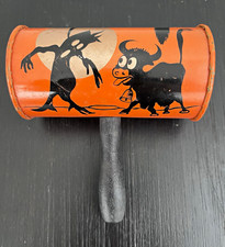 Vintage Halloween 1920s Tin Noisemaker Rattle Cow Black Cat Jack-O-Lantern picture