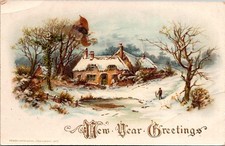Snowy House Scene New Year Greetings Postcard picture