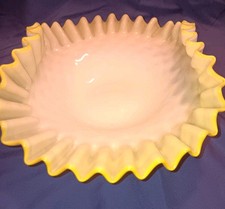 Victorian White to Yellow White  Glass Ruffled Crimped Brides Bowl Basket Insert picture