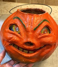 Vtg 1940s Pulp Paper Mache Halloween Jack O Lantern JOL w/Paper Insert 7.25