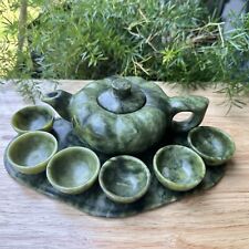 Chinese Green Jade Small Teapot Cups Tray Hand Carved Pumpkin Shaped 9 Pieces picture