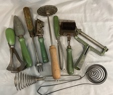 Lot Of 10 Vtg Rustic Green Wooden Handled & Primitive Farmhouse Utensils Tools picture