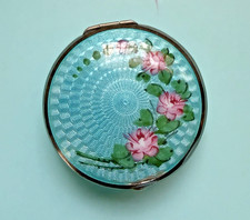 Vtg Antique Sterling & Aqua Blue Guilloche Enamel Compact w Floral Roses Design picture