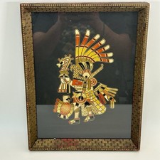Mexican Popotillo Straw Art Huitzilopochtli Aztec War God Framed 1960s Vintage picture