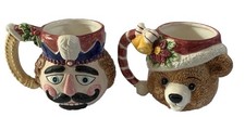 2 Vtg Xmas Mugs Nutcracker Soldier & Teddy Bear Santa Hat Vase Candy Planter 4” picture