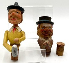 2 Vintage Hand Carved Wooden Mechanical Bottle Wine Corks Stopper Italy Folk Art picture