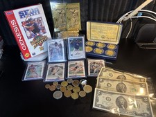 Junk Drawer Lot Vintage - Baseball Cards, Foreign Coins, Gold, Bills, & Games picture