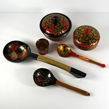 Vintage USSR Khokhloma 6 Pc Hand Painted Wooden Folk Art Set Made in USSR picture