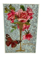 Antique Embossed Postcard Unposted 1910s Best Wishes Roses Butterfly Gold Accent picture