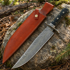 Handmade Feather Damascus Large Bowie Knife Full Tang 15 Inch Coffin Handle picture