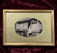 Antique 1910s Photo Man Child Gold Tone Embossed Floral Mat 3x5 Ivy Frame picture