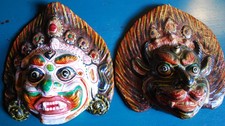 Vtg Pair 2 BUDDHIST DEMON GODS Tribal Wall Hanging PAPER MACHE Masks NEPAL picture