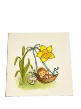 RARE VTG Hallmark CUTE Mouse Baby Acorn Swing Flower MINI Greeting Card 15GE7463 picture