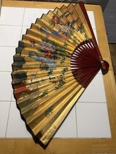 Vintage Asian Folding Fan 20” Gold Geisha Floral Wall Decor With Box picture