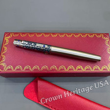 CARTIER Santos de Cartier Dark Blue Design Rollerball Pen Silver Tone with Box picture