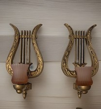 Vtg Hoda 1978 Cast Gold Metal Finished Lyre Wall Sconce/Pink Satin Candleholder picture