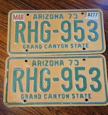 Vintage 1973 Arizona License Plates Matcing Pair RHG-953 Grand Canyon State Retr picture
