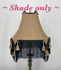 Antique Vtg Style Victorian Art Deco Lamp Shade Gold Beige Black Fringe Large 15 picture