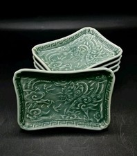 5 Vtg Japan Arita Ware Nabeshima Celadon Dragon Clouds Rectangular Plates 6¾x4¾